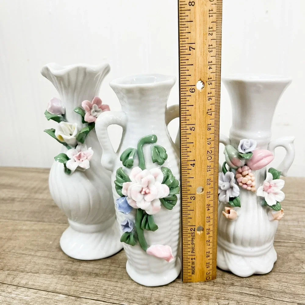 Vintage White Porcelain Miniature Bud Vases Set of 3 Applied 3D Floral Accents